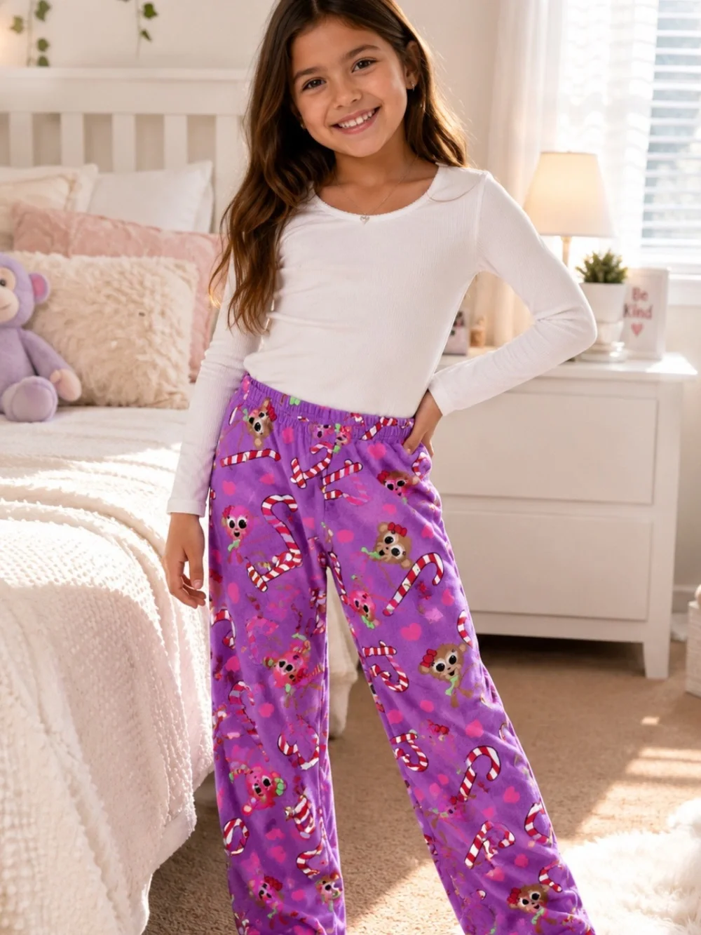 Justice Girls' Purple Candy Cane Print Pajama Pants - Cozy Holiday Sleepwear